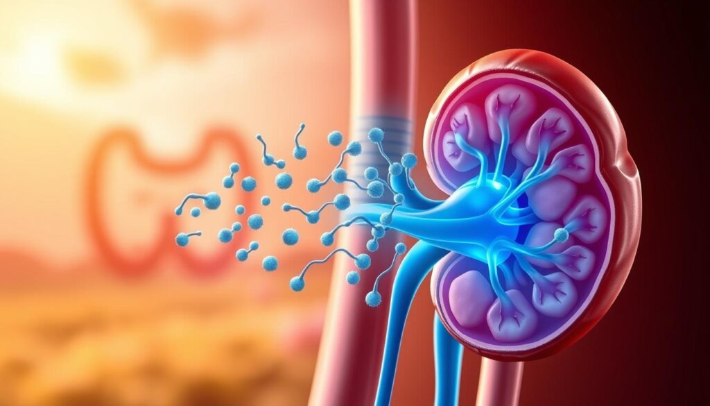 A detailed, cross-sectional illustration depicting the key mechanisms involved in kidney detoxification. In the foreground, a stylized kidney structure with glomeruli, tubules, and collecting ducts prominently featured. Flowing through the kidney, vibrant blue-green streams representing the filtration and secretion of wastes and toxins. In the middle ground, a network of probiotic bacteria, their shapes and colors suggesting their diverse roles in supporting renal function. In the background, a softly blurred landscape of the urinary system, subtly hinting at the broader physiological context. Warm, natural lighting casts a gentle glow, creating a sense of balance and wellness. The overall composition conveys the interconnected processes of probiotics and the kidney's detox mechanisms in a visually engaging, educational manner.