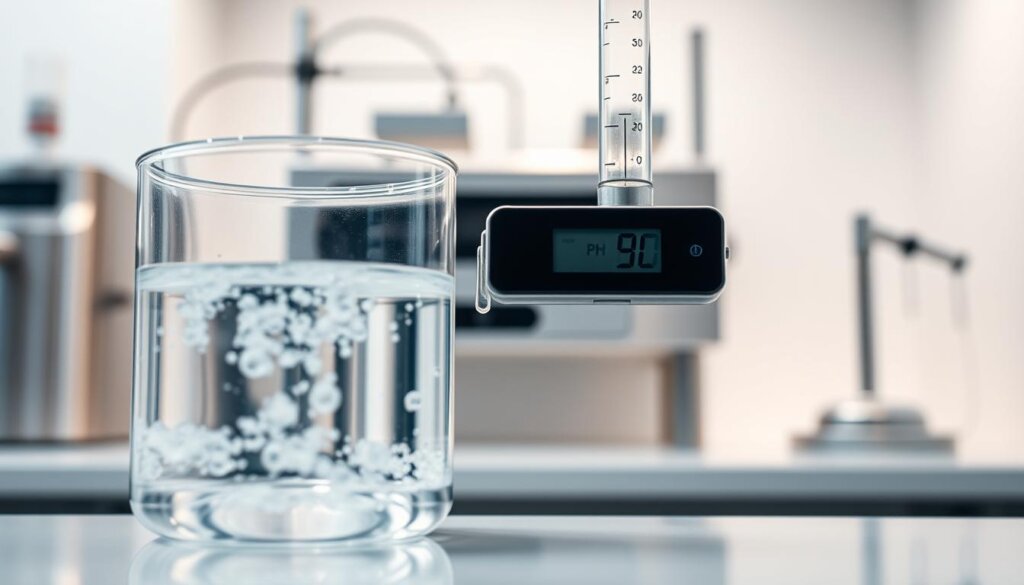 A detailed, professionally-lit photograph showcasing the pH balance of hydrogen-infused water. The foreground features a transparent glass beaker filled with pristine, bubbling hydrogen water, its surface reflective and gently rippling. In the middle ground, a scientific pH meter dips into the water, its digital display highlighting the neutral pH level. The background subtly blurs, revealing a clean, minimalist laboratory setting with sleek stainless steel equipment and pristine white walls, emphasizing the scientific nature of the scene. Soft, diffused lighting casts a warm, contemplative glow over the entire composition, inviting the viewer to study the properties of this innovative, wellness-enhancing liquid.