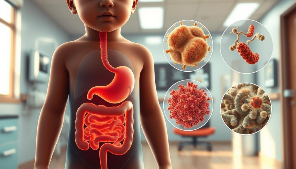 A detailed, realistic medical illustration showing the potential side effects of probiotic use in children. In the foreground, a child's body with a highlighted gastrointestinal tract, depicting issues like bloating, diarrhea, and nausea. In the middle ground, enlarged illustrations of beneficial probiotic bacteria alongside harmful bacteria, symbolizing the disruption of gut flora. The background features a clinical setting with medical equipment, conveying the serious nature of these side effects. Lit by warm, natural lighting to create a serene, educational atmosphere. Rendered in a precise, technical style using a combination of 2D and 3D elements.