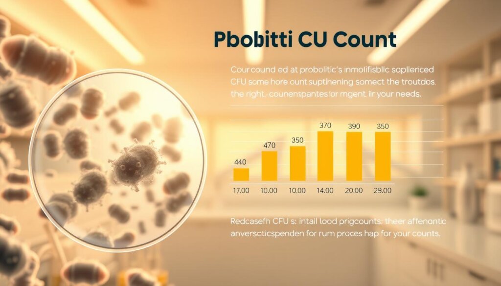 A detailed, scientifically accurate diagram showcasing the concept of probiotic CFU (Colony Forming Units) count. In the foreground, a magnified view of probiotic bacteria, their cell structures clearly visible. In the middle ground, a bar chart illustrating the varying CFU counts of different probiotic supplements, highlighting the importance of selecting the right concentration for your needs. The background features a clean, minimalist laboratory setting with scientific equipment, conveying a sense of professionalism and expertise. Warm, soft lighting illuminates the scene, creating a calm, educational atmosphere. The overall composition should be visually engaging and informative, guiding the viewer through the key aspects of understanding probiotic CFU counts.