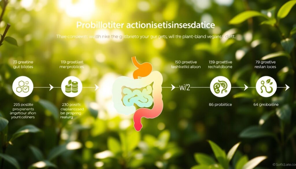 A detailed timeline illustration of the gradual improvement in gut health through the consistent use of probiotics on a plant-based, vegan diet. The foreground features a series of icons representing different probiotic strains, with arrows indicating their progressive impact on digestive processes over time. The middle ground showcases a stylized gut silhouette, with color gradients symbolizing the positive shift from an imbalanced to a thriving microbiome. The background provides a serene, botanical-inspired setting, with lush greenery, subtle lighting, and a sense of natural harmony. The overall composition conveys a visually captivating and informative narrative about the transformative potential of probiotics for plant-based diners.