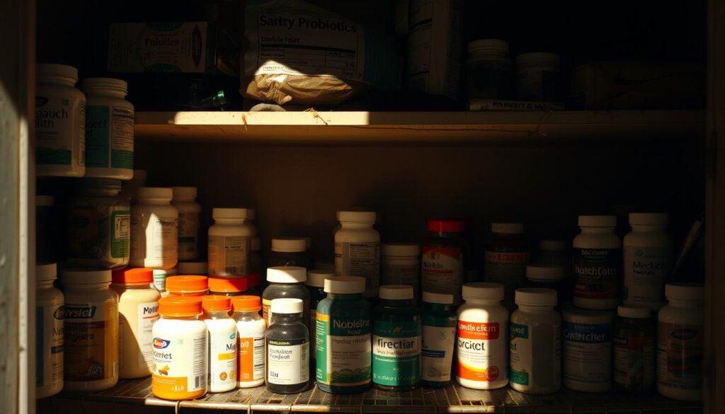 A dimly lit pantry shelves, with various probiotics bottles and containers haphazardly arranged. The storage area is disorganized, with some bottles stacked on top of each other, and others placed in direct sunlight. The shelves are dusty, and the lighting is poor, casting long shadows across the scene. The overall atmosphere conveys a sense of neglect and lack of proper storage conditions, suggesting the potential for compromised probiotic potency and effectiveness. The image should emphasize the importance of proper storage and organization to maintain the integrity of probiotic supplements.