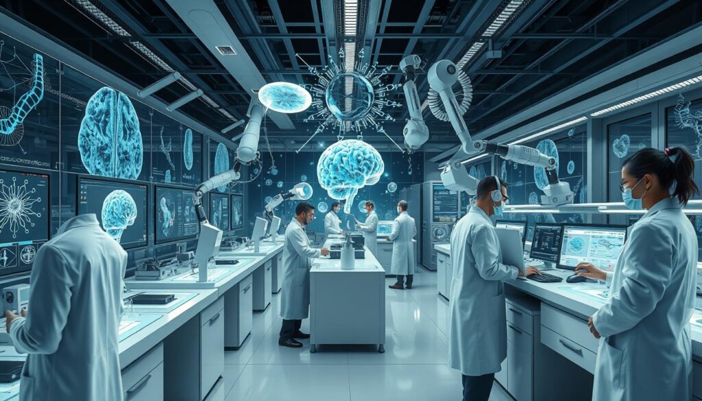 A futuristic laboratory filled with state-of-the-art equipment, bustling with researchers in pristine white coats examining petri dishes and computer screens. The walls are adorned with holographic displays showcasing intricate 3D models of microbial networks. Beams of light scan samples, while robotic arms precisely manipulate delicate samples. The atmosphere is one of intense focus and scientific discovery, as the researchers delve into the mysteries of the human microbiome, seeking to unlock its profound influence on cognitive function. Sleek, minimalist design, muted color palette, and an overall sense of technological advancement pervade the scene.