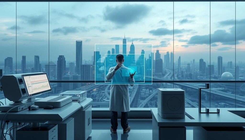 A futuristic laboratory setting with a central focus on a holographic display showcasing innovative hydrogen water therapy devices. The foreground features sleek, minimalist medical equipment and diagnostic tools. In the middle ground, a researcher in a white lab coat interacts with a holographic interface, manipulating data and simulations. The background depicts a panoramic view of a visionary cityscape, with towering skyscrapers and advanced transportation systems, conveying a sense of technological progress and breakthroughs in medical science. Soft, diffused lighting creates a serene, yet forward-thinking atmosphere, hinting at the vast potential of hydrogen water therapy in the years to come.