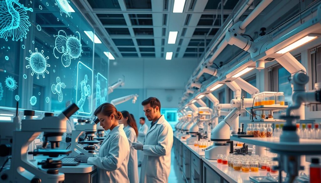 A gleaming, high-tech laboratory filled with advanced medical equipment and futuristic devices. In the foreground, a group of scientists in white coats examine samples under microscopes, their expressions focused and intent. Behind them, holographic displays project intricate molecular models and data visualizations, casting an ethereal glow. In the background, sleek robotic arms manipulate vials and petri dishes, seamlessly automating complex processes. The lighting is clean and bright, evoking a sense of scientific progress and innovation. The overall atmosphere conveys the cutting edge of probiotic research, hinting at the profound transformations to come in metabolic health management.