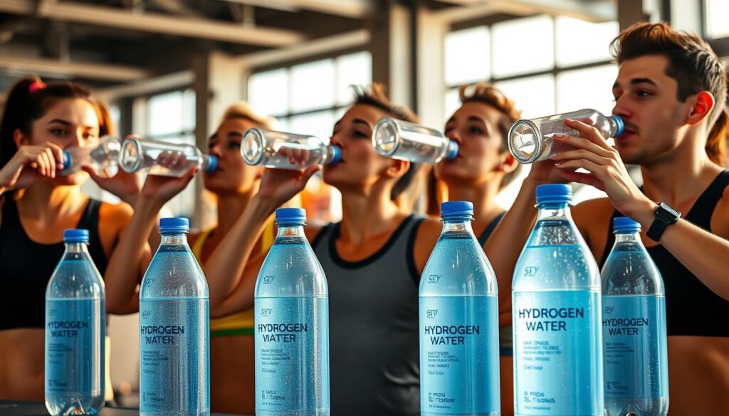 A group of athletic individuals drinking from bottles of hydrogen-infused water, set against a backdrop of a modern fitness facility. The athletes have a vibrant, energetic aura as they hydrate, their faces reflecting the refreshing effects of the water. The lighting is warm and natural, casting a glow on the scene. In the foreground, the bottles of hydrogen water are prominently displayed, showcasing their sleek, minimalist design. The overall atmosphere conveys the wellness benefits and performance advantages that hydrogen water provides for active individuals.