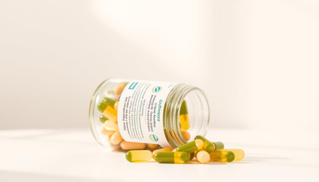 A high-quality probiotic supplement in a clean, modern glass jar, resting on a minimalist white table. The jar has a sleek label with a simple logo and key information about the probiotic strains, potency, and purity. Soft, natural lighting casts a warm glow, highlighting the transparency of the jar and the vibrant, healthy-looking capsules inside. The background is a simple, uncluttered studio setup, allowing the supplement to be the focal point. The overall aesthetic conveys a sense of purity, efficacy, and careful attention to detail - qualities one would expect in a premium probiotic product.