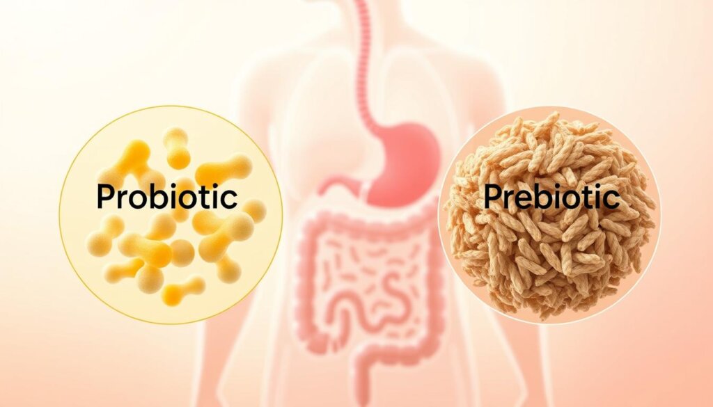 A high-resolution, detailed illustration of the definitions of probiotics and prebiotics. In the foreground, two complementary circles depict the key characteristics of each - probiotics as beneficial bacteria, and prebiotics as the dietary fibers that nourish them. In the middle ground, a cross-section of the human gut shows the interaction between these elements. The background features a soft, warm-toned gradient that suggests the soothing, restorative effects of a healthy digestive system. The lighting is soft and diffused, creating a sense of clarity and wellness. Captured with a wide-angle macro lens to emphasize the interconnected nature of the subject matter.