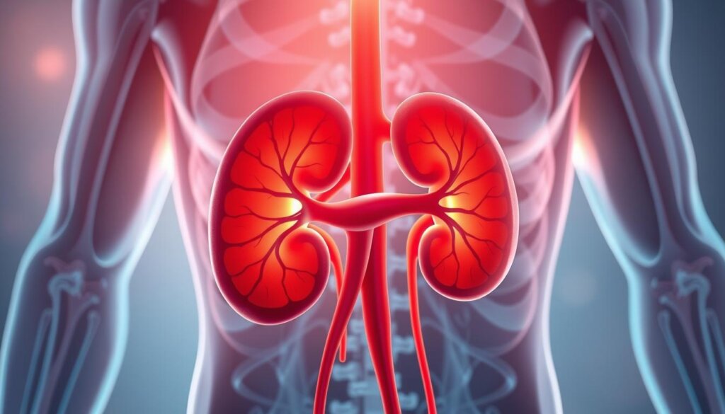 A medical diagram depicting the intricate relationship between the liver and kidneys, showcasing their vital roles in maintaining optimal bodily functions. The foreground highlights the liver and kidneys in a detailed, anatomical illustration, with vibrant colors and clean lines to convey the complexity of these organs. The middle ground features a softly glowing background, hinting at the delicate balance and harmony of these systems. Subtle lighting from the top casts a warm, inviting glow, emphasizing the importance of these organs in overall wellness. The composition is carefully structured to guide the viewer's eye, creating a visually striking and informative representation of liver and kidney function optimization.