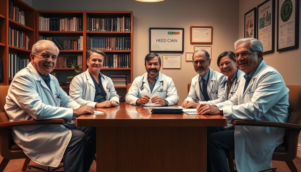 A panel of medical experts gathered in a cozy, well-lit consultation room, seated around a polished wooden table. The doctors, dressed in crisp white coats, are engaged in a focused discussion, their faces exuding an air of professional authority and genuine care. The lighting is warm and inviting, casting a soft glow that highlights the wisdom and experience reflected in their expressions. In the background, a bookshelf laden with medical volumes and a subtle wall display of health-related certifications and accolades reinforce the credibility of the experts. The overall atmosphere conveys a sense of trust, expertise, and the promise of valuable insights on maintaining optimal health while on the go.