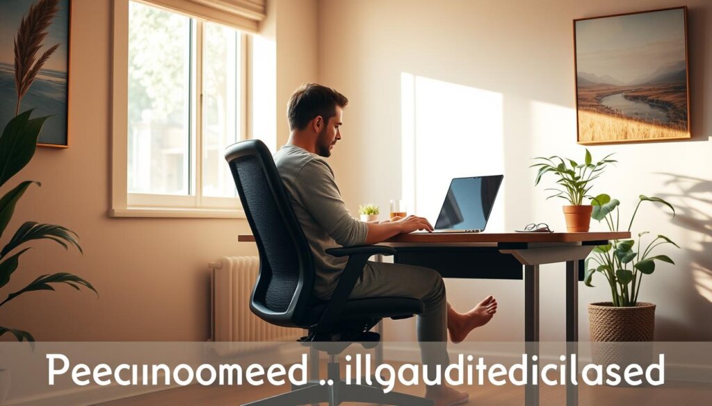A peaceful, well-lit interior setting with a comfortable, ergonomic chair and desk. On the desk, a laptop, a glass of water, and a plant. A person, dressed in casual attire, is sitting at the desk, looking thoughtfully at the laptop screen. Warm, natural lighting filters in through a nearby window, creating a calming, inviting atmosphere. The walls are decorated with soothing, nature-inspired artwork, conveying a sense of tranquility and wellness. The overall scene exudes a feeling of personalized guidance, with the individual at the center of a curated, nurturing environment.