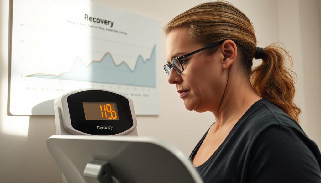 A person standing on a scale, carefully observing the digital display, their expression one of focused determination. In the background, a wall-mounted graph charting their weight and fitness progress over time, color-coded trends highlighting their recovery journey. Soft, natural lighting illuminates the scene, casting a warm, motivational glow. The overall atmosphere conveys a sense of personal growth, discipline, and a commitment to physical and mental well-being.
