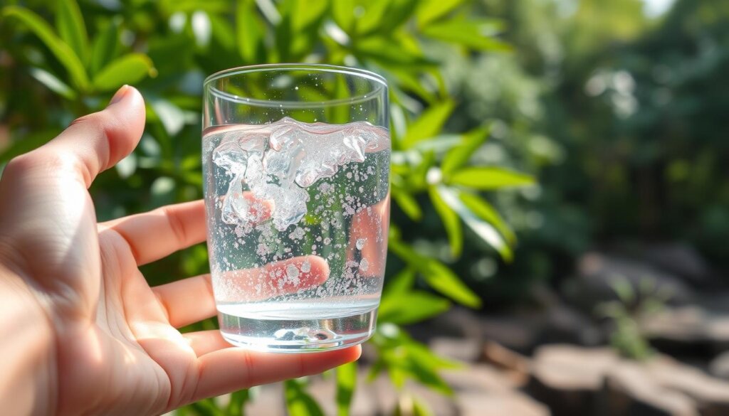 A pristine glass of crystal-clear water, effervescent with tiny hydrogen bubbles, set against a backdrop of lush green leaves and vibrant natural scenery. The water appears to be glowing with a soft, ethereal light, emanating a sense of purity and rejuvenation. In the foreground, a hand reaches out to grasp the glass, conveying the idea of interacting with and experiencing the health benefits of hydrogen-infused water. The overall scene is captured with a sharp, detailed focus, using a wide-angle lens to create a sense of depth and immersion. The lighting is natural and diffused, creating a calming, serene atmosphere that invites the viewer to imagine the refreshing and restorative properties of this unique water.