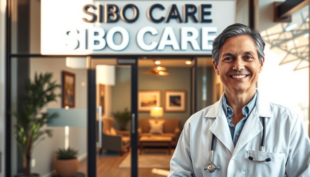 A professional medical clinic, its facade bathed in warm, natural lighting, a sign prominently displaying "SIBO CARE" in a clean, modern typeface. Through the glass entrance, a cozy waiting area comes into view, with comfortable chairs and soothing artwork on the walls. In the foreground, a person in a white lab coat, stethoscope around their neck, stands ready to greet patients, their expression one of compassion and expertise. The overall atmosphere conveys a sense of trust, care, and the expertise necessary to effectively manage small intestinal bacterial overgrowth.