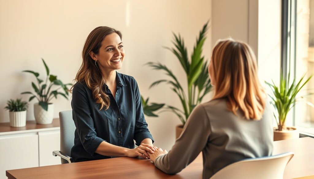 A professional wellness consultant sitting at a modern, minimalist desk, engaged in a one-on-one consultation with a client. Warm, natural lighting illuminates the scene, creating a calming atmosphere. The consultant's expression is warm and attentive, conveying a sense of expertise and compassion. The client appears relaxed and receptive, leaning forward slightly as they discuss their wellness goals. In the background, a serene, plant-filled office space with clean lines and muted colors sets the tone for a productive, health-focused meeting.