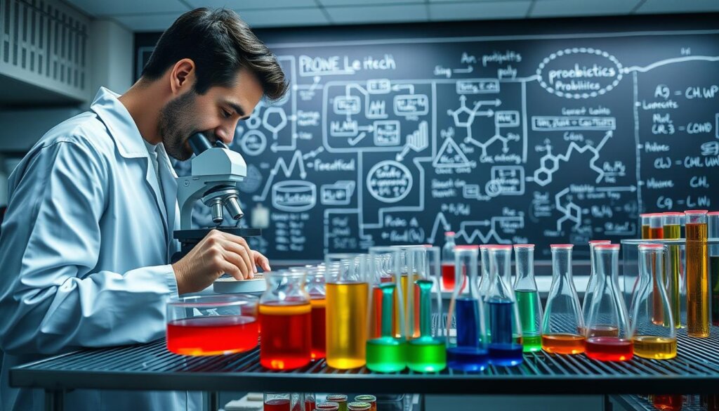 A research laboratory interior with a clinical setting. In the foreground, a scientist in a white lab coat examines petri dishes under the glow of an illuminated microscope. In the middle ground, rows of test tubes and beakers filled with colorful liquids line steel shelves. The background features a chalkboard with complex scientific diagrams and equations related to probiotics and their effects. Soft, indirect lighting casts a professional, scientific atmosphere. The scene conveys a sense of focused clinical research and discovery.
