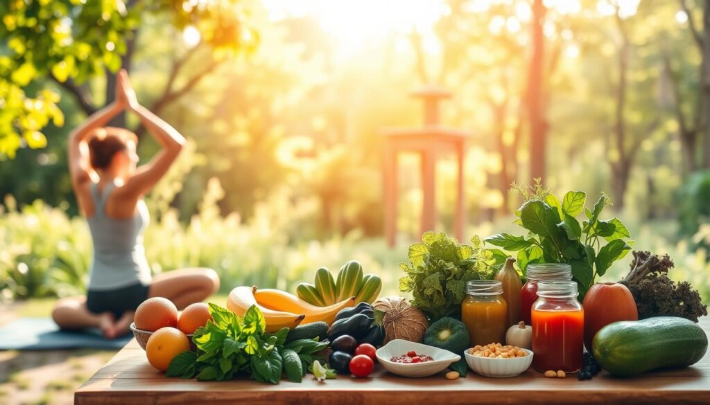 A serene and harmonious scene showcasing lifestyle factors that enhance liver health. In the foreground, a person performs gentle yoga poses against a backdrop of lush greenery, symbolizing the importance of physical activity. In the middle ground, a table displays an array of wholesome, liver-supporting foods such as fruits, vegetables, and fermented items, illuminated by warm, natural lighting. The background features a tranquil, sun-dappled forest, evoking a sense of balance and calm. The overall composition conveys a holistic approach to liver detoxification, blending mindfulness, nutrition, and the restorative power of nature.