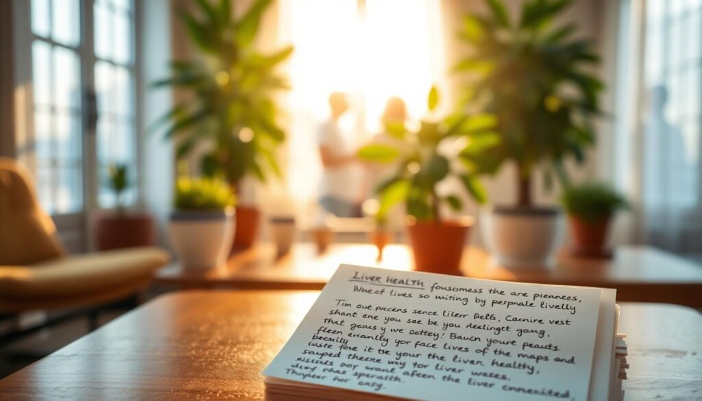 A serene and inviting environment showcasing user testimonials about the benefits of liver health. In the foreground, a warm-lit table holds a stack of handwritten notes from satisfied customers, their heartfelt experiences detailed in cursive script. In the middle ground, lush green potted plants and a diffused natural light from a nearby window create a soothing, earthy ambiance. The background features soft, blurred silhouettes of people, conveying a sense of community and shared wellness. The overall mood is one of tranquility, authenticity, and the powerful impact of personal testimonies on improving liver health.