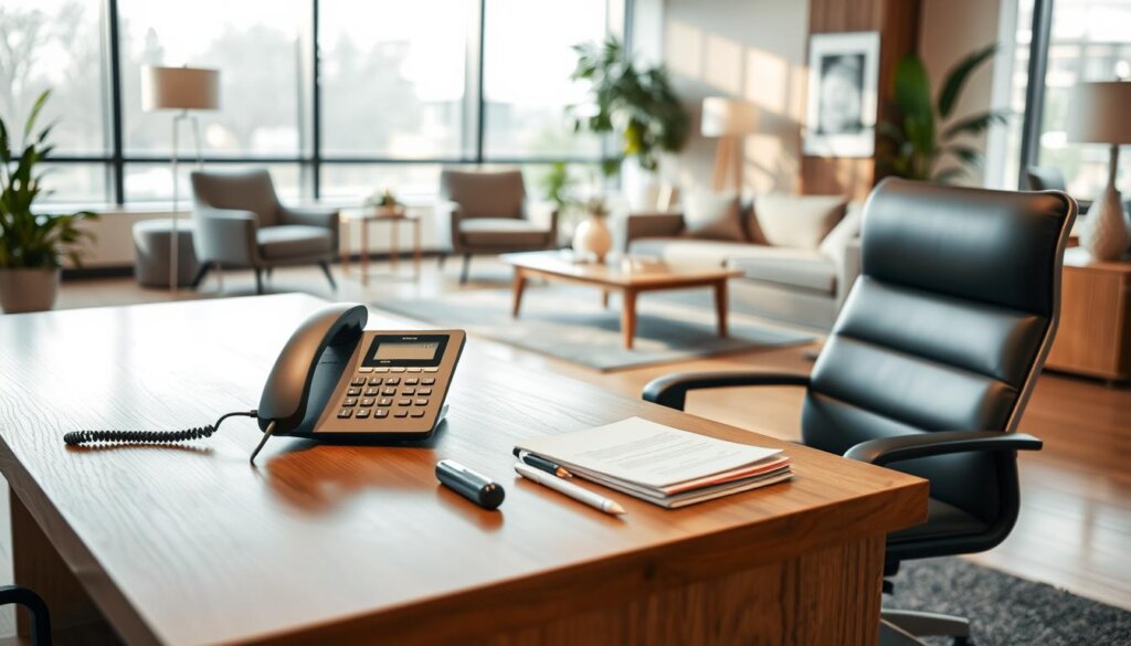 A serene and inviting office space, with a warm and welcoming ambiance. In the foreground, a stylish wooden desk showcases various communication tools - a sleek telephone, a modern laptop, and a neatly organized stationery set. Mid-ground, comfortable armchairs and a plush sofa invite visitors to relax and engage in conversation. The background features floor-to-ceiling windows, allowing natural light to flood the room and create a calming, rejuvenating atmosphere. Subtle, earthy tones and natural materials, such as wood and greenery, evoke a sense of wellness and tranquility. The overall composition conveys a professional, yet approachable setting where the Wellness Group's experts are readily available to assist and guide their clients.