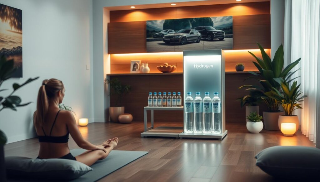 A serene indoor setting with a well-equipped recovery station. In the foreground, a person sits on a cushioned mat, engaging in gentle stretching exercises. The middle ground features a sleek hydration station, offering a selection of refreshing hydrogen-infused waters. The background showcases a harmonious blend of natural elements, such as potted plants and soothing artwork, creating a tranquil ambiance. Soft, warm lighting casts a calming glow, enhancing the overall restorative atmosphere. The scene conveys a sense of mindfulness and personalized care, highlighting the benefits of hydrogen water for athletic performance recovery.