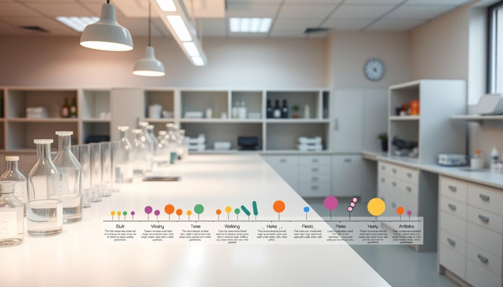 A serene laboratory setting with glass beakers, test tubes, and scientific equipment arranged neatly on clean, minimalist white countertops. Soft, diffused lighting from overhead sources casts a warm, inviting glow, creating a sense of calm and focus. In the foreground, a timeline chart is displayed, depicting the gradual recovery of gut flora after a course of antibiotics, represented by colorful, organic shapes and patterns. The timeline is annotated with subtle, informative labels, guiding the viewer through the process of probiotic replenishment. The overall atmosphere conveys a sense of scientific authority, balanced with a gentle, reassuring tone suitable for a wellness-focused article.