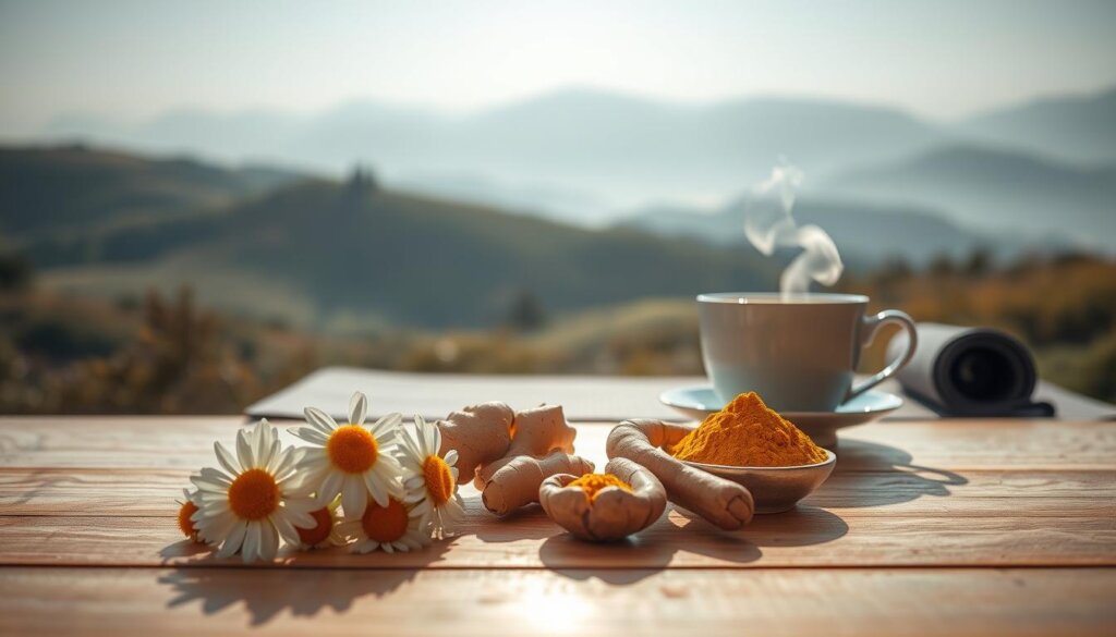 A serene, minimalist scene depicting steps for stress inflammation reduction. In the foreground, an arrangement of natural remedies - chamomile flowers, ginger root, and turmeric powder - on a wooden table, bathed in soft, diffused lighting. The middle ground showcases a steaming cup of herbal tea and a yoga mat, symbolizing mindfulness and relaxation. In the background, a tranquil landscape with rolling hills and a calming, hazy sky, creating a sense of peacefulness. The overall mood is one of simplicity, balance, and holistic wellness, inviting the viewer to embrace a lifestyle of natural healing and stress management.