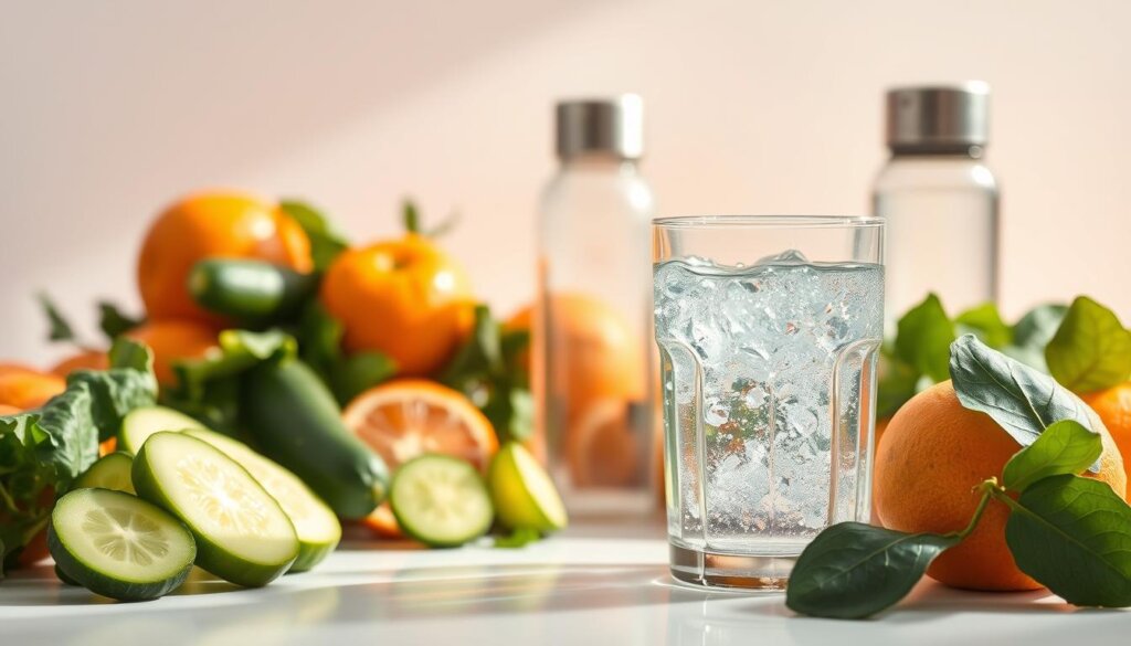 A serene, vibrant still life showcasing the health benefits of hydrogen water. In the foreground, a glass tumbler filled with crystal-clear, effervescent water, its surface gently rippling. Surrounding it, an array of fresh produce - crisp cucumbers, juicy oranges, and leafy greens - symbolizing the natural goodness and hydration properties of hydrogen-rich water. The mid-ground features a sleek, modern water bottle with a minimalist design, highlighting its portability and convenience for on-the-go hydration. Warm, diffused lighting casts a soft, welcoming glow, creating an atmosphere of wellness and vitality. The background is a clean, white backdrop, allowing the vibrant colors and textures of the scene to take center stage.
