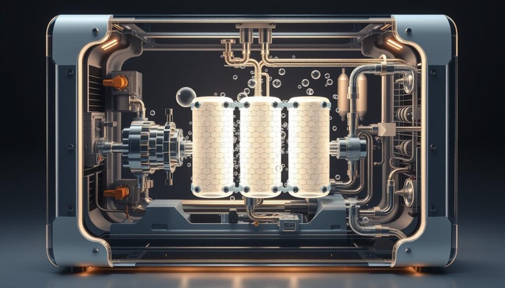 A sleek and modern hydrogen generator, its internal structure revealed in a cutaway view. Precision-engineered SPE/PEM electrolysis cells, their membranes and catalysts visible, surrounded by the intricate network of pipes and valves that facilitate the water-splitting process. Nano-scale bubbles of hydrogen and oxygen swirl through the transparent housing, illuminated by a soft, diffuse light that highlights the technological complexity. The overall impression is one of cutting-edge innovation, scientific elegance, and environmental sustainability - a glimpse into the groundbreaking technology powering the next generation of clean energy solutions.