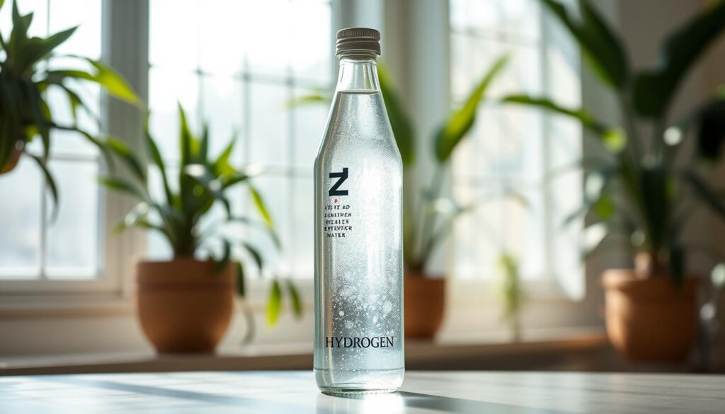A sleek, glass hydrogen water bottle takes center stage, its surface reflecting the natural light streaming in through large windows. The bottle's minimalist design and transparent body allow the vibrant, effervescent water to shine, hinting at the potential health benefits. In the background, a serene, plant-filled space evokes a sense of wellness and balance. Subtle, muted tones create a calming atmosphere, inviting the viewer to consider the advantages and considerations of incorporating hydrogen-rich water into their daily routine.