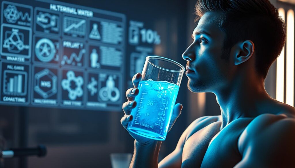 A sleek, high-tech laboratory setting with a glowing, neon-blue glass beaker filled with shimmering, iridescent water. In the foreground, a muscular athlete takes a thoughtful sip, their expression one of focused determination. The background features a holographic display showcasing scientific data and diagrams related to the enhanced performance properties of hydrogen-rich water. Soft, indirect lighting casts an ethereal glow, creating a sense of futuristic innovation. The scene conveys the cutting-edge science behind how this specialized water can support and optimize athletic endeavors.
