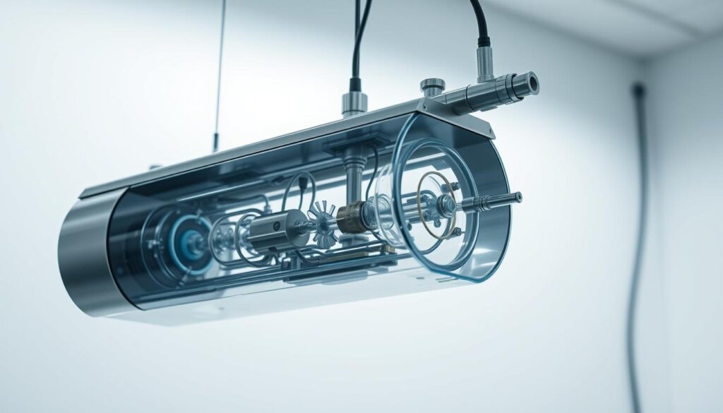 A sleek, metallic hydrogen infusion chamber suspended in a well-lit laboratory setting. The device features a transparent housing, showcasing the intricate inner workings - a network of precision-engineered tubes, valves, and sensors. Soft, diffused lighting illuminates the scene, creating a sense of scientific curiosity and innovation. The background is a clean, minimalist environment, allowing the hydrogen infusion technology to be the focal point. The overall composition conveys a balance of technical sophistication and elegant design, reflecting the cutting-edge nature of this advanced water purification system.