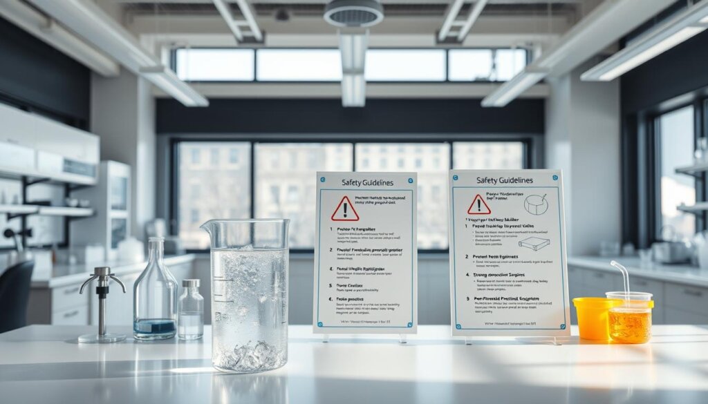 A sleek, modern laboratory setting with clean, well-lit workbenches. In the foreground, a beaker of clear, effervescent hydrogen-infused water is prominently displayed, surrounded by scientific glassware and instruments. In the middle ground, detailed safety guidelines are presented on laminated posters, outlining proper handling procedures, storage requirements, and personal protective equipment. The background features a large, floor-to-ceiling window, allowing natural light to flood the space and create a welcoming, professional atmosphere. The overall scene conveys a sense of technical expertise, safety awareness, and a commitment to responsible hydrogen water usage.