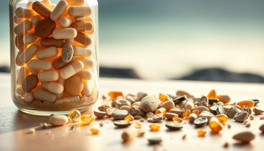 A softly lit, high-resolution image of a polished, transparent glass jar containing assorted probiotic capsules, pills, and powders. The jar is positioned in the foreground, casting a warm glow and gentle shadows. In the middle ground, a scattered arrangement of gallstones in various shapes and sizes, from smooth pebbles to jagged shards, is visible. The background features a soothing, blurred out scene of a natural, serene landscape, perhaps with a hint of greenery or a calming body of water. The overall composition conveys a sense of balance, wellness, and the potential connection between probiotics and gallstone prevention.
