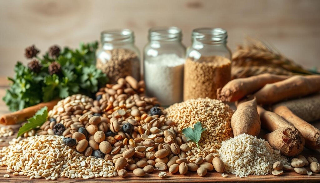 A still life composition showcasing an assortment of prebiotic fiber types. In the foreground, a variety of whole grains, seeds, and root vegetables are neatly arranged, their textures and colors on full display. In the middle ground, glass jars containing soluble fibers like psyllium husk and insoluble fibers like wheat bran sit atop a rustic wooden table. The background features a soft, natural lighting that gently illuminates the scene, creating a warm, earthy atmosphere. The image conveys the nutritional richness and diversity of these key prebiotic fibers that play a vital role in supporting gut health and probiotic function.