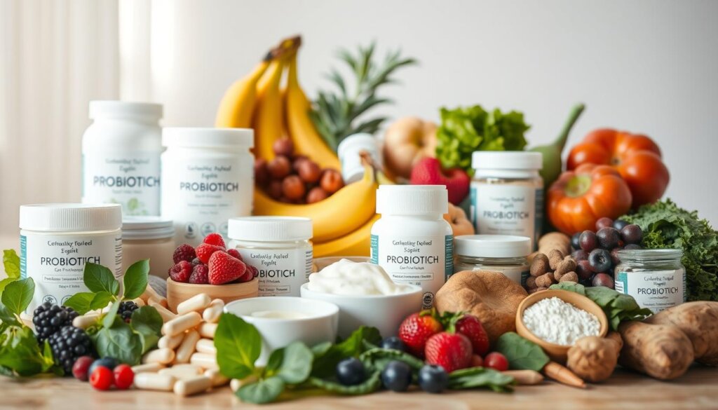 A still life composition showcasing an assortment of probiotic-rich foods and supplements. In the foreground, an array of fermented dairy products including yogurt, kefir, and cottage cheese, along with various probiotic capsules and powder supplements. In the middle ground, a selection of fresh fruits and vegetables such as bananas, berries, leafy greens, and root vegetables. The background features a soft, natural lighting, perhaps from a window, creating a warm, inviting atmosphere. The arrangement is carefully curated, highlighting the vibrant colors and textures of the probiotic-rich ingredients, conveying a sense of wellness and gut-healthy nourishment.