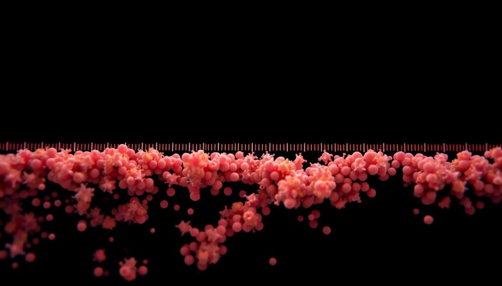 A time-lapsed exposure of probiotic bacterial growth, captured under a high-resolution microscope lens. In the foreground, vibrant colonies of beneficial microbes thrive against a stark black backdrop, their population fluctuations illuminated by a soft, diffused lighting. The middle ground showcases a series of segmented time intervals, charting the survival rates of the probiotics as they are exposed to various environmental conditions. In the background, a subtle grid pattern emerges, providing a sense of structure and scientific rigor to the scene. The overall mood is one of clinical precision and analytical insight, inviting the viewer to explore the dynamic interplay between time and microbial resilience.
