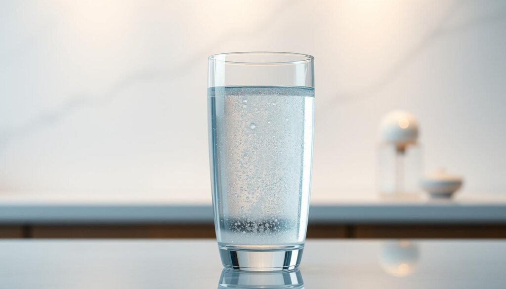 A tranquil scene showcasing the benefits of hydrogen-infused water. In the foreground, a transparent glass filled with sparkling, crystal-clear water, its surface reflecting the soft, warm lighting overhead. Suspended within the water, delicate bubbles of hydrogen dance and swirl, a testament to the water's purity and rejuvenating properties. The middle ground features a serene, minimalist setting - a sleek, polished countertop, perhaps in a modern kitchen or spa-like environment. In the background, a gentle, out-of-focus backdrop evokes a sense of wellness and relaxation, hinting at the restorative powers of this unique, hydrogen-enriched aqua. The overall mood is one of calm, clarity, and the promise of enhanced well-being.