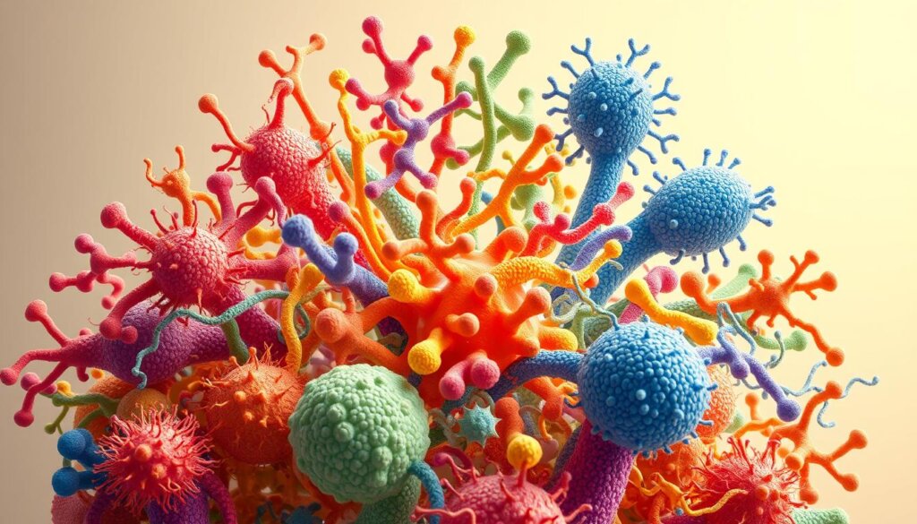 A vibrant and detailed illustration of various probiotic strains meticulously arranged to symbolize the process of detoxification. The foreground showcases an array of colorful bacterial cultures, each strain distinctly represented with intricate textures and shapes. The middle ground features a dynamic interplay of these probiotics, suggesting their synergistic effects on the body's natural cleansing mechanisms. The background subtly hints at a serene, minimalist setting, allowing the central focus to be the probiotic strains and their role in the detoxification process. The overall composition is lit with soft, warm lighting, creating a sense of well-being and rejuvenation. The image conveys the importance of choosing the right probiotics to support the body's natural detoxification pathways.