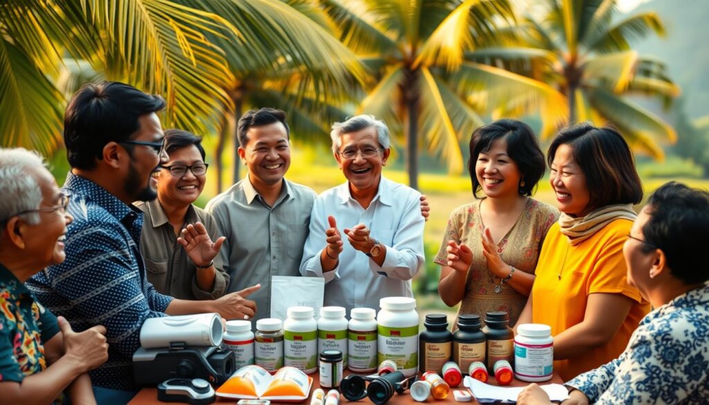 A vibrant and uplifting scene of Malaysian patients sharing their success stories. In the foreground, a group of diverse individuals - men and women of different ages - smiling warmly and gesturing animatedly as they recount their journeys to recovery. Mid-ground, a neatly arranged array of medical equipment and supplements, conveying the idea of holistic treatment. In the background, a serene, lush tropical landscape with swaying palm trees, bathed in soft, golden lighting that imbues the scene with a sense of hope and positivity. The overall mood is one of resilience, community, and the transformative power of wellness.
