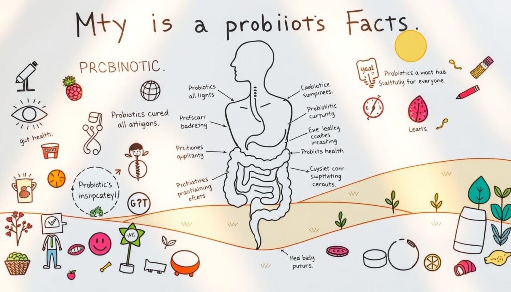 A vibrant, hand-drawn illustration depicting contrasting myths and facts about probiotics. In the foreground, stylized icons and symbols representing common misconceptions, such as probiotics curing all ailments or being suitable for everyone. In the middle ground, a detailed, anatomical diagram showcasing the role of probiotics in maintaining gut health, with clear scientific explanations. The background features a soothing, pastel-toned landscape, with illustrations of various probiotic-rich foods and supplements. Warm, natural lighting casts a soft glow, and the overall composition conveys a sense of balance, education, and debunking of probiotic myths through factual information.