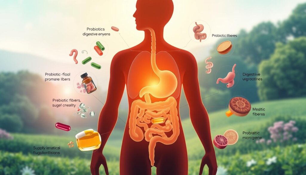 A vibrant, high-resolution illustration showcasing the key benefits of gut health supplements. In the foreground, a human silhouette with a glowing, healthy gut, surrounded by a colorful array of probiotic capsules, digestive enzymes, and prebiotic fibers. In the middle ground, delicate anatomical illustrations of the intestines, colon, and other organs, emphasizing the importance of a balanced microbiome. The background features a serene, natural landscape with lush greenery, calming blues, and a soft, diffused lighting that creates a soothing, wellness-focused atmosphere. The overall composition communicates the holistic, restorative effects of probiotic supplements on gut health and overall well-being.