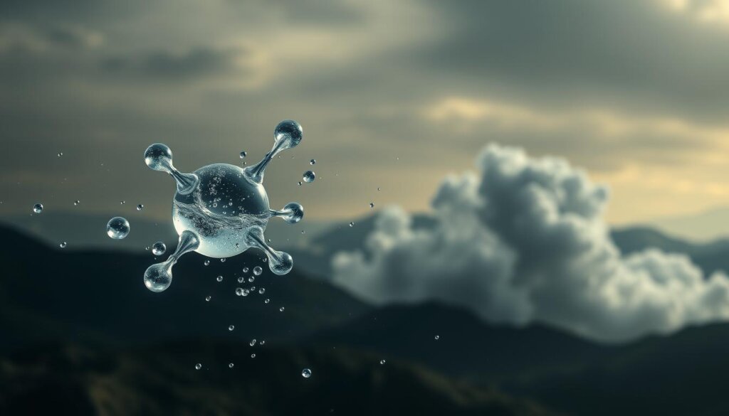 A vibrant, high-resolution image of a hydrogen water molecule surrounded by oxidative stress markers. In the foreground, the hydrogen water molecule glows with a soft, ethereal light, its delicate structure conveying a sense of purity and healing. In the middle ground, swirling clouds of reactive oxygen species and free radicals surge and collide, evoking a dynamic yet unsettling atmosphere. The background features a subdued, moody landscape with muted tones, emphasizing the role of hydrogen water in managing inflammation and oxidative stress. The lighting is dramatic, with shadows and highlights accentuating the contrasts between the calm, healing water and the turbulent oxidative forces. Captured with a wide-angle lens and an artistic, cinematic perspective.
