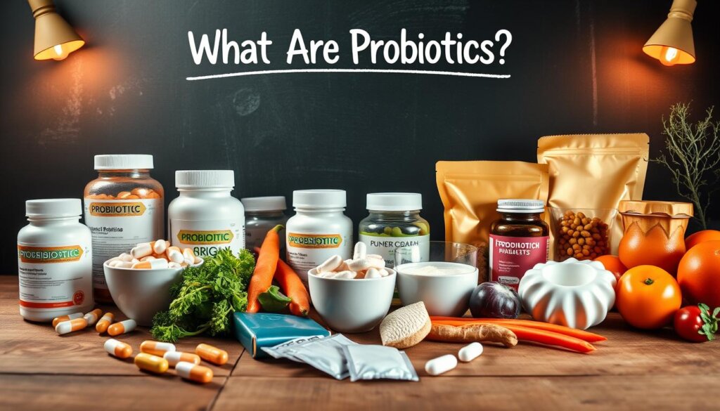 A vibrant, high-resolution image of a variety of probiotic supplements, including capsules, tablets, and powder sachets, arranged neatly on a wooden table. The supplements are backlit with soft, warm lighting, creating a natural, earthy ambiance. In the foreground, a few probiotic-rich foods, such as yogurt, kefir, and fermented vegetables, are strategically placed to complement the supplements. The middle ground features a chalkboard-style background, subtly highlighting the "What Are Probiotics?" section title. The overall composition conveys a sense of wellness, balance, and the importance of gut health.