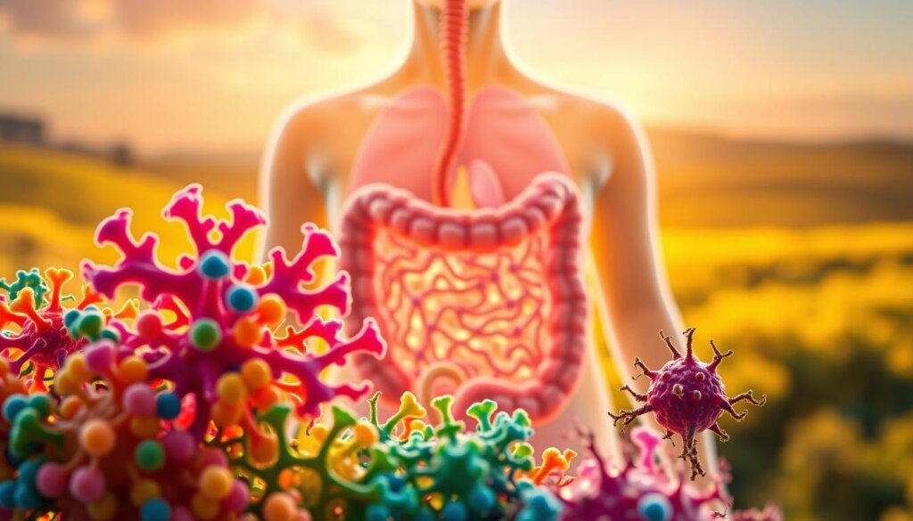 A vibrant illustration of key probiotic strains for gut health. In the foreground, a collection of colorful bacterial cultures, each with distinct shapes and patterns, representing the diversity of beneficial microorganisms. In the middle ground, a cross-section of the human gut, showcasing the intricate network of intestinal flora. The background features a softly blurred landscape, symbolizing the holistic nature of gut-brain connection and emotional well-being. Warm, natural lighting casts a soothing glow, evoking a sense of balance and harmony. Captured with a wide-angle lens to provide a comprehensive view of the gut microbiome's importance for emotional eating management.