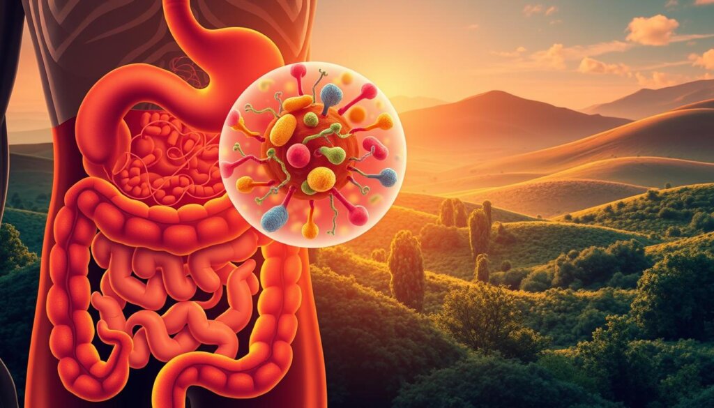 A vibrant illustration of the gut microbiome's intricate balance, showcasing the intricate interplay of probiotics, enzymes, and gut flora. In the foreground, a detailed cross-section of the human digestive system, rendered in warm, earthy tones. The middle ground features a microscopic view of probiotic cultures, their shapes and colors conveying their unique functions. In the background, a serene landscape of undulating hills and lush vegetation, representing the holistic ecosystem of a healthy gut. The lighting is soft and diffused, creating a sense of depth and tranquility. The overall mood is one of scientific harmony and wellness, capturing the essence of the article's subject matter.