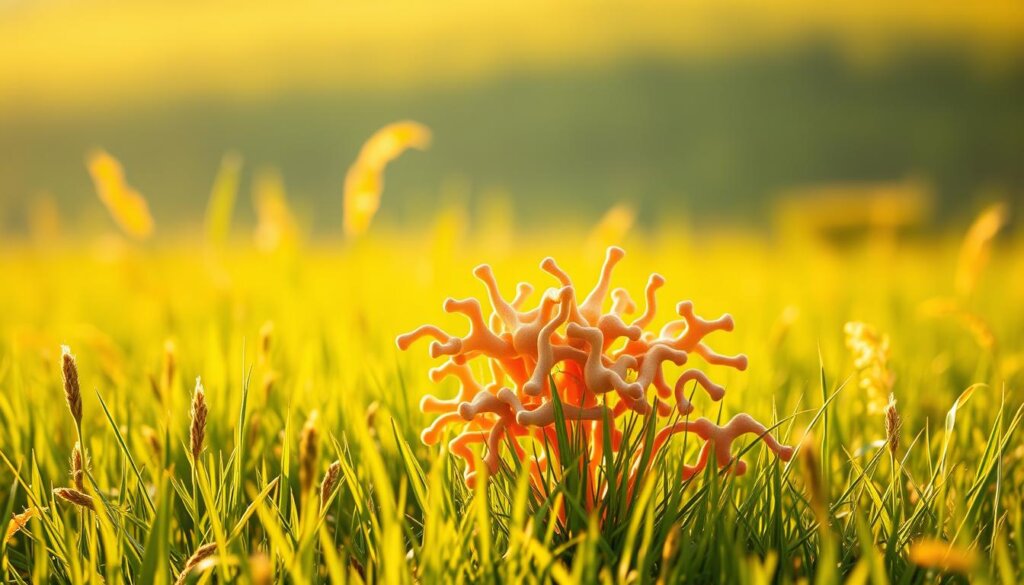 A vibrant meadow bathed in warm, golden sunlight. In the foreground, a cluster of various probiotic strains - Lactobacillus, Bifidobacterium, and Saccharomyces - thriving without any artificial coatings or protection. Their dynamic shapes and colors dance together, radiating a sense of resilience and natural harmony. In the middle ground, lush green grasses sway gently, symbolizing the robust environments that nurture these hardy microorganisms. The background fades into a hazy, out-of-focus landscape, emphasizing the probiotic strains as the focal point. The overall scene conveys a message of resilience, adaptability, and the power of natural ecosystems to support beneficial microbial life.