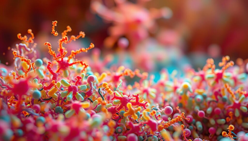 A vibrant, microscopic landscape showcasing the diverse microbial inhabitants of a healthy gut. In the foreground, a kaleidoscope of colorful, abstract bacterial forms undulate and multiply, their intricate shapes and patterns illuminated by warm, diffused lighting. In the middle ground, swarms of beneficial probiotic strains appear to dance and interact, their symbiotic relationship with the gut environment clearly visible. The background fades into a hazy, ethereal realm, suggesting the unseen complexity and interconnectedness of the gut microbiome. Captured with a macro lens, the image conveys a sense of wonder and discovery, inviting the viewer to explore the remarkable diversity found within the human digestive system.