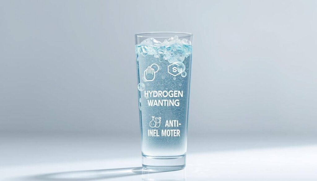 A vibrant, photorealistic image of a glass filled with sparkling, crystal-clear hydrogen-infused water, set against a serene, minimalist background. The glass is positioned in the foreground, capturing the light and reflecting the natural bubbles rising to the surface, creating a visually captivating and inviting display. In the middle ground, a simple, clean layout showcases several icons or symbols representing the key health benefits of hydrogen water, such as antioxidant properties, anti-inflammatory effects, and improved hydration. The background is softly blurred, allowing the focus to remain on the central glass and the associated wellness benefits. The overall scene conveys a sense of purity, vitality, and the transformative power of this innovative, health-enhancing water.