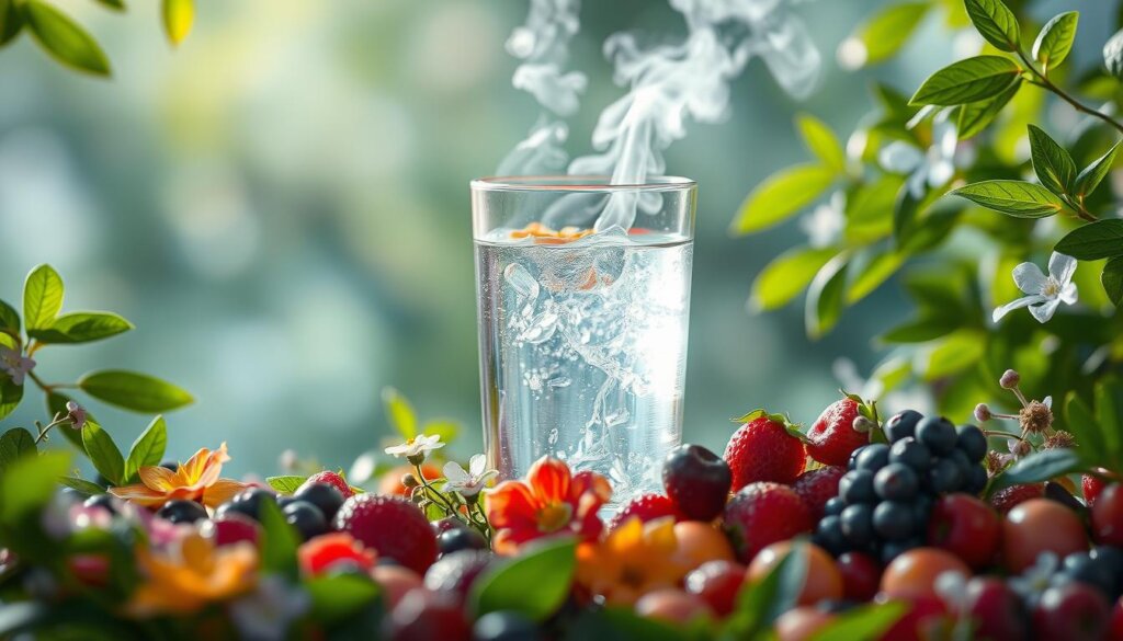A vibrant, photorealistic image of anti-inflammatory hydration benefits. A calm, soothing atmosphere with soft, diffused lighting illuminating a glass of crystal clear water surrounded by lush, verdant leaves and delicate flowers. The water sparkles and reflects the natural greenery, evoking a sense of purity and vitality. In the foreground, delicate wisps of steam rise from the water, symbolizing the warming and soothing effects. The middle ground features an array of vibrant, colorful fruits and berries, representing the nutrient-rich, anti-inflammatory properties of the water. The background subtly fades into a serene, nature-inspired setting, conveying the holistic wellness benefits. Captured with a wide-angle lens to emphasize the harmonious composition.