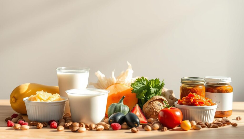 A vibrant still life arrangement of various probiotic-rich foods set against a clean, minimalist backdrop. In the foreground, a selection of yogurt cups, kefir, and fermented vegetables like sauerkraut and kimchi, arranged with care. The middle ground features a scattering of fresh fruits and nuts, adding pops of color and texture. Softly diffused natural lighting creates a warm, inviting atmosphere, gently illuminating the scene. The overall composition conveys a sense of healthfulness, balance, and an invitation to explore the benefits of incorporating probiotics into one's diet.